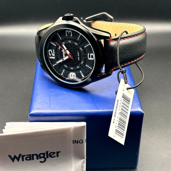 Wrangler WRW2400-1A Mens Black Analog Watch Black Leather Red Stitching Strap - Picture 3 of 17